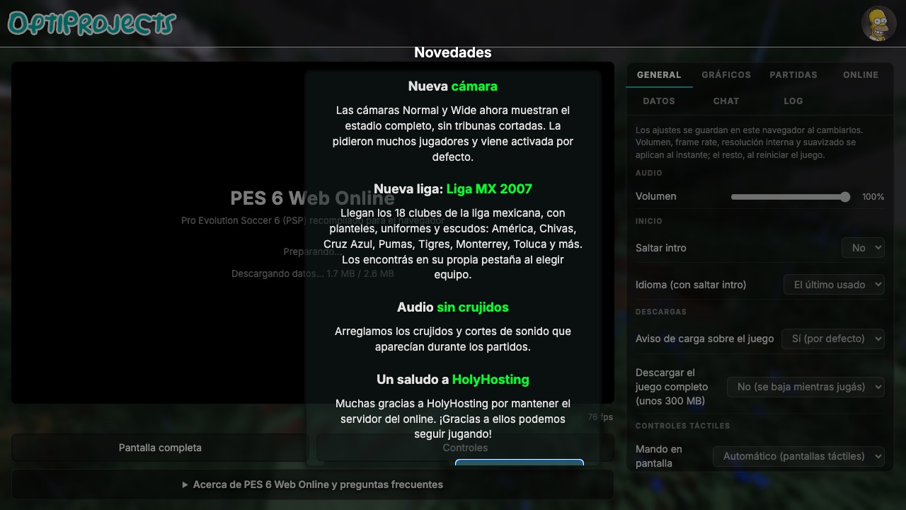 PES 6 browser project page with its current update notice open