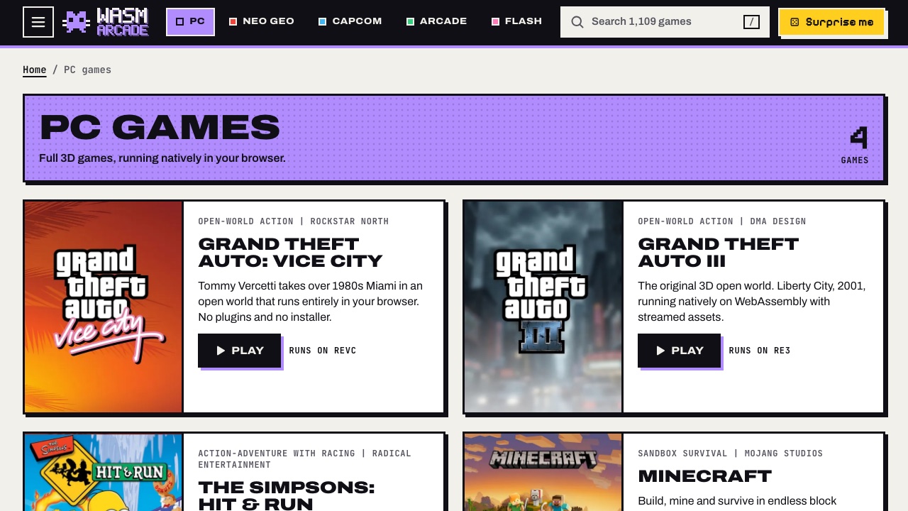 WASM Arcade PC Games directory showing its current mixed catalog